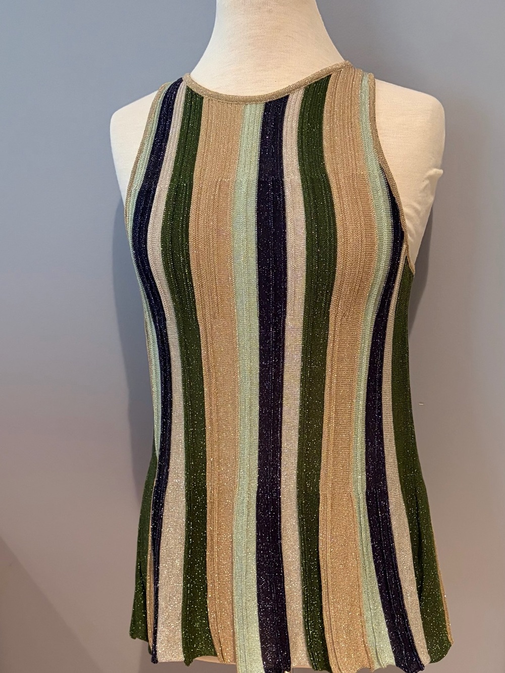 Sleeveless Striped Knit Tank Top in Olive, Navy & Tan